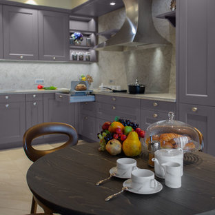 Large eclectic l-shaped open plan kitchen in Other with a double-bowl sink, louvered cabinets, purple cabinets, quartz benchtops, beige splashback, stone slab splashback, coloured appliances, ceramic floors, a peninsula, beige floor and beige benchtop.