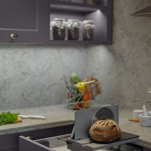 Design ideas for a large eclectic l-shaped open plan kitchen in Other with a double-bowl sink, louvered cabinets, purple cabinets, quartz benchtops, beige splashback, stone slab splashback, coloured appliances, ceramic floors, a peninsula, beige floor and beige benchtop.