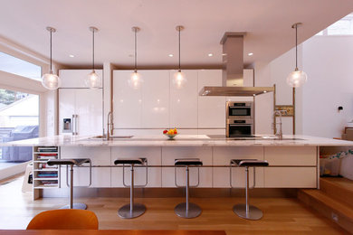 Eat-in kitchen - mid-sized modern galley light wood floor eat-in kitchen idea in Chicago with an undermount sink, flat-panel cabinets, white cabinets, marble countertops and an island