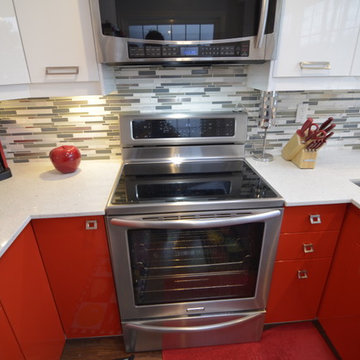 Semi-custom Ikea white and red kitchen