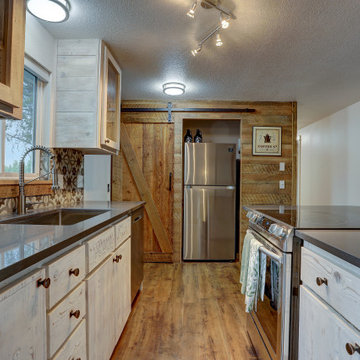 Shabby Chic Farmhouse Kitchen with Sliding Barn Door