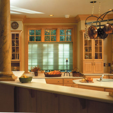 Shade adds an accent color to a neutral kitchen