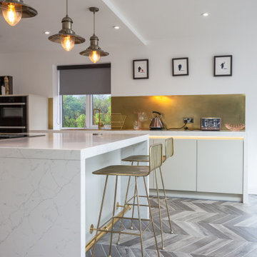 Shaded White and Brass Contemporary Kitchen