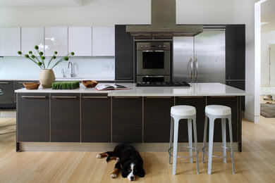 Imagen de cocina contemporánea con armarios con paneles lisos, electrodomésticos de acero inoxidable y puertas de armario de madera en tonos medios
