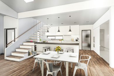 Open concept kitchen - mid-sized contemporary u-shaped medium tone wood floor open concept kitchen idea in Los Angeles with an undermount sink, flat-panel cabinets, white cabinets, quartz countertops, white backsplash, ceramic backsplash, stainless steel appliances and an island