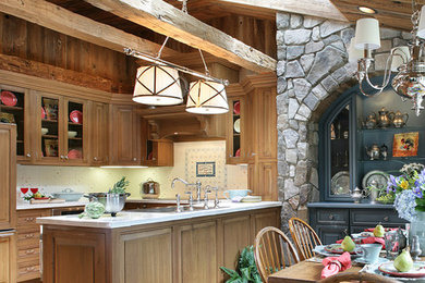 Large mountain style u-shaped medium tone wood floor eat-in kitchen photo in Las Vegas with paneled appliances, a drop-in sink, beaded inset cabinets, medium tone wood cabinets, white backsplash, ceramic backsplash and a peninsula