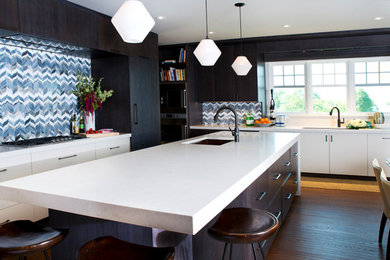 Example of a trendy dark wood floor eat-in kitchen design in Boston with an undermount sink, flat-panel cabinets, multicolored backsplash and an island