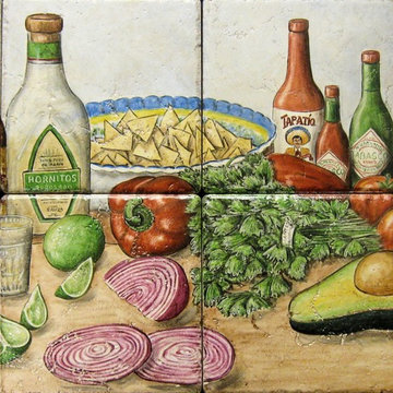 "Shots and Salsa Mexican Happy Hour" hand painted tiles kitchen backsplash