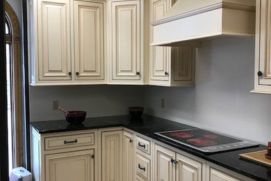 Inspiration for a large traditional l-shaped enclosed kitchen in Burlington with raised-panel cabinets, white cabinets, engineered stone countertops, integrated appliances, ceramic flooring, no island, beige floors and black worktops.