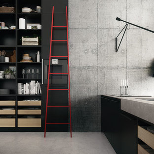 Design ideas for a mid-sized modern l-shaped eat-in kitchen in Sydney with open cabinets, grey cabinets and no island.