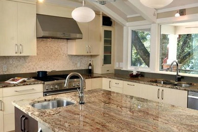 Kitchen - contemporary kitchen idea in Miami with an undermount sink, flat-panel cabinets, stainless steel appliances, an island and granite countertops