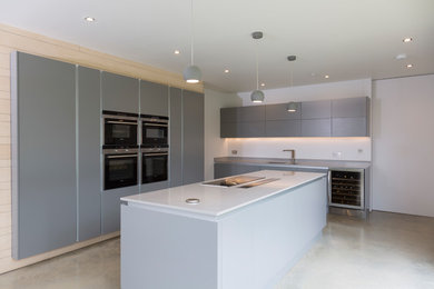 Design ideas for a contemporary l-shaped kitchen in Kent with flat-panel cabinets, grey cabinets, quartz worktops, stainless steel appliances, an island and grey worktops.