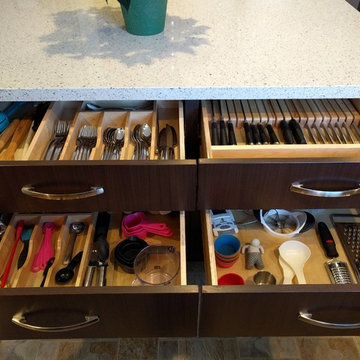 Silverware, knife, and utensil organization in island drawers