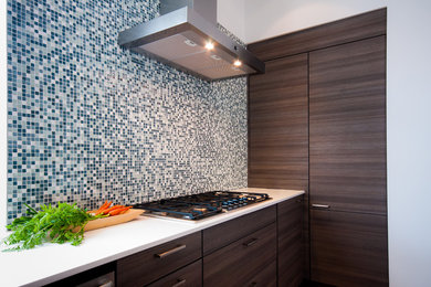 Ejemplo de cocina comedor actual con fregadero bajoencimera, armarios con paneles lisos y puertas de armario grises