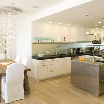 Sleek, elegant kitchen with frosted glass backsplash, staniless steel island