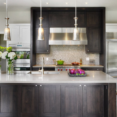 Inspiration for a transitional galley kitchen remodel in Toronto with mosaic tile backsplash, stainless steel appliances, an undermount sink, shaker cabinets, dark wood cabinets, brown backsplash and solid surface countertops