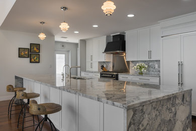 Inspiration for a medium sized modern galley kitchen/diner in Tampa with a double-bowl sink, shaker cabinets, white cabinets, marble worktops, stone slab splashback, integrated appliances, medium hardwood flooring and an island.