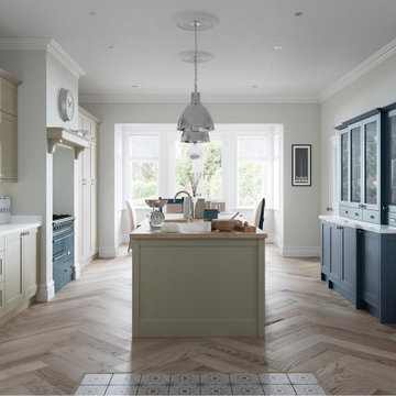 Slim Shaker style Galley Kitchen with Island Painted Airforce Blue and Stone