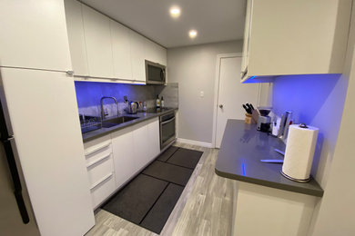 Small minimalist galley laminate floor and gray floor kitchen photo in Toronto with a single-bowl sink, flat-panel cabinets, white cabinets, quartz countertops, gray backsplash, porcelain backsplash, stainless steel appliances and gray countertops