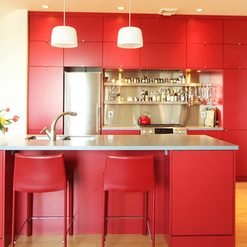 Small Red Kitchen with Open Pantry