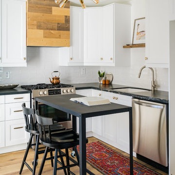 Small San Diego Kitchen with White IKEA Cabinets and Black Quartzite Countertops