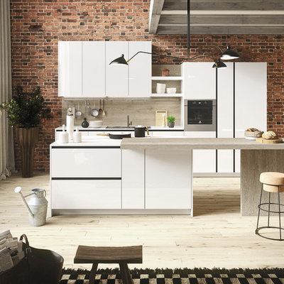 Mid-sized transitional galley light wood floor and beige floor open concept kitchen photo in Melbourne with flat-panel cabinets, white cabinets, laminate countertops, beige backsplash and two islands