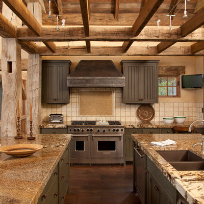 Inspiration for a rustic kitchen remodel in Other with stainless steel appliances, a double-bowl sink, gray cabinets and beige backsplash