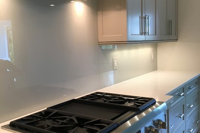 Large transitional kitchen photo in Miami with gray cabinets, quartz countertops, glass sheet backsplash and stainless steel appliances