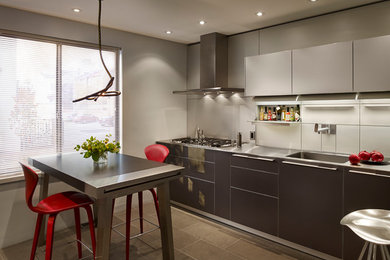 Example of a trendy slate floor enclosed kitchen design in Philadelphia with an undermount sink, flat-panel cabinets, gray cabinets, glass sheet backsplash and paneled appliances