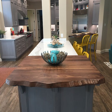 Solid walnut countertop features a faux "live edge"