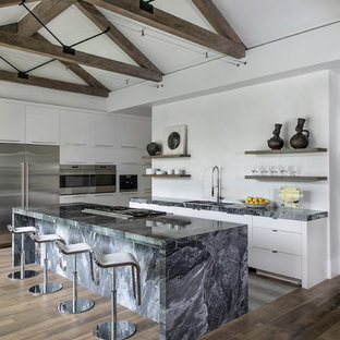 Contemporary kitchen pictures - Kitchen - contemporary l-shaped dark wood floor and brown floor kitchen idea in Houston with an island, an undermount sink, flat-panel cabinets, white cabinets, stainless steel appliances and gray countertops