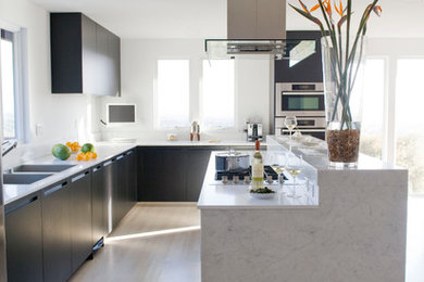 Inspiration for a mid-sized contemporary galley light wood floor eat-in kitchen remodel in San Francisco with a double-bowl sink, flat-panel cabinets, dark wood cabinets, marble countertops, white backsplash, ceramic backsplash, stainless steel appliances and an island