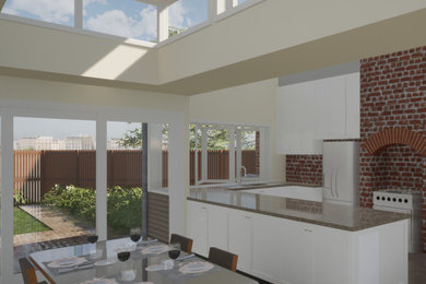 Bild på ett mellanstort funkis grå grått kök, med en dubbel diskho, skåp i shakerstil, vita skåp, granitbänkskiva, rostfria vitvaror, mörkt trägolv, en halv köksö och brunt golv