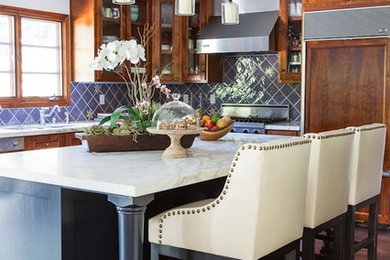 Kitchen - transitional kitchen idea in Los Angeles with glass-front cabinets, dark wood cabinets, blue backsplash and paneled appliances