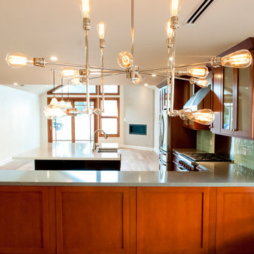 Special Vintage-Style Chandelier and Kitchen View, Waterfall Counter top.