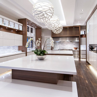 Idee per una grande cucina contemporanea con lavello a tripla vasca, ante lisce, ante bianche, top in quarzite, paraspruzzi multicolore, paraspruzzi con piastrelle a listelli, elettrodomestici in acciaio inossidabile e parquet scuro