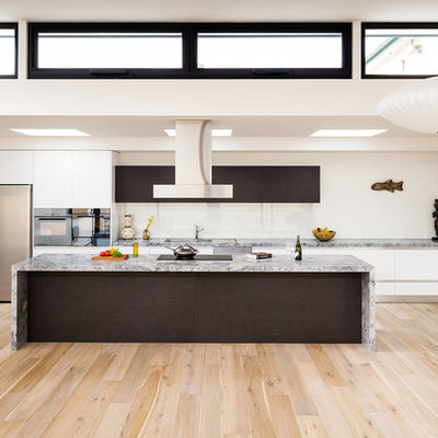 Large minimalist galley light wood floor kitchen photo in Melbourne with flat-panel cabinets, white cabinets, marble countertops, white backsplash, glass sheet backsplash, stainless steel appliances, an island and a drop-in sink