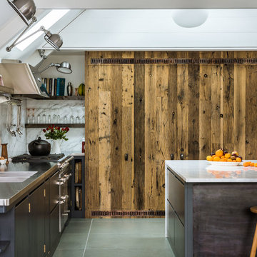 Steel and Marble Kitchen with Reclaimed Wood Feature