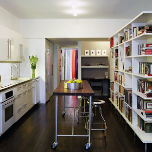 Inspiration for a modern single-wall kitchen remodel in New York with white appliances