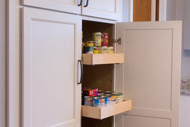 Foto de cocina actual con despensa, armarios con paneles lisos, puertas de armario blancas y suelo de madera en tonos medios