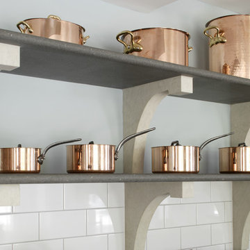 Stone shelves and copper pots