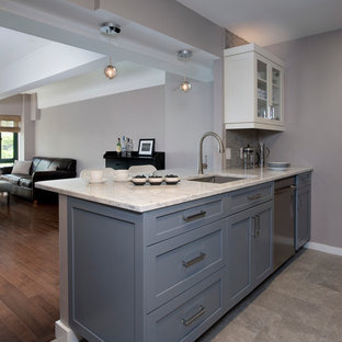 Idee per una piccola cucina classica con lavello sottopiano, ante in stile shaker, top in quarzo composito, paraspruzzi multicolore, paraspruzzi con piastrelle a mosaico, elettrodomestici in acciaio inossidabile, pavimento in gres porcellanato, penisola e ante grigie
