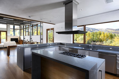 Стильный дизайн: кухня-гостиная в стиле модернизм с техникой из нержавеющей стали - последний тренд