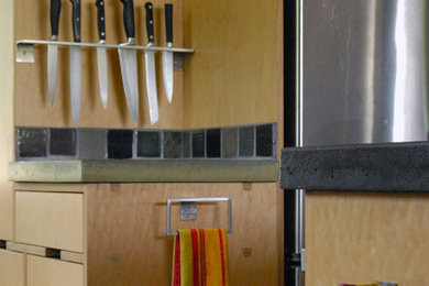 他の地域にある中くらいなエクレクティックスタイルのおしゃれなパントリー (フラットパネル扉のキャビネット、淡色木目調キャビネット、シルバーの調理設備) の写真