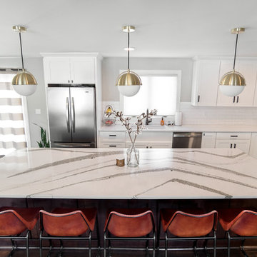 Stunning & Stylish Contemporary White Kitchen w/ Gold Accents & Quartz Counters