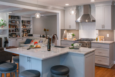 Imagen de cocina minimalista de tamaño medio con puertas de armario grises, encimera de granito, salpicadero verde, suelo de madera en tonos medios, una isla y encimeras grises