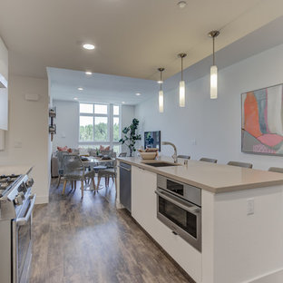 Open concept kitchen appliance - L-shaped open concept kitchen photo in San Francisco with an undermount sink, flat-panel cabinets, white cabinets, stainless steel appliances, an island and white countertops