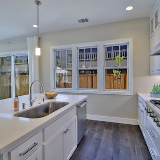 Open concept kitchen photos - L-shaped dark wood floor open concept kitchen photo in San Francisco with an undermount sink, shaker cabinets, white cabinets, stainless steel appliances and an island
