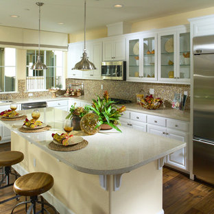 Large transitional eat-in kitchen ideas - Large transitional l-shaped dark wood floor eat-in kitchen photo in San Francisco with an undermount sink, raised-panel cabinets, white cabinets, granite countertops, mosaic tile backsplash, stainless steel appliances and an island