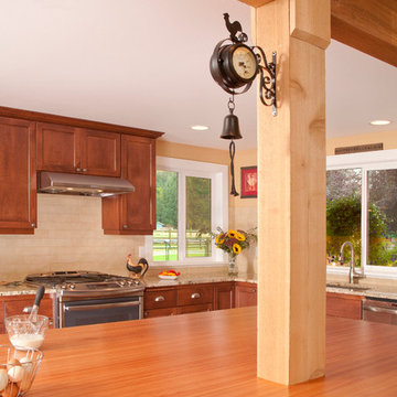Supporting wood column and beam in a Country Kitchen